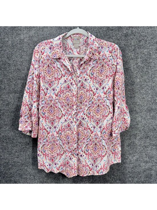 Chico's Tops - Chicos Linen No Iron Top Size 2P/LP Pink Damask Paisley Button Front 3/4 Sleeve